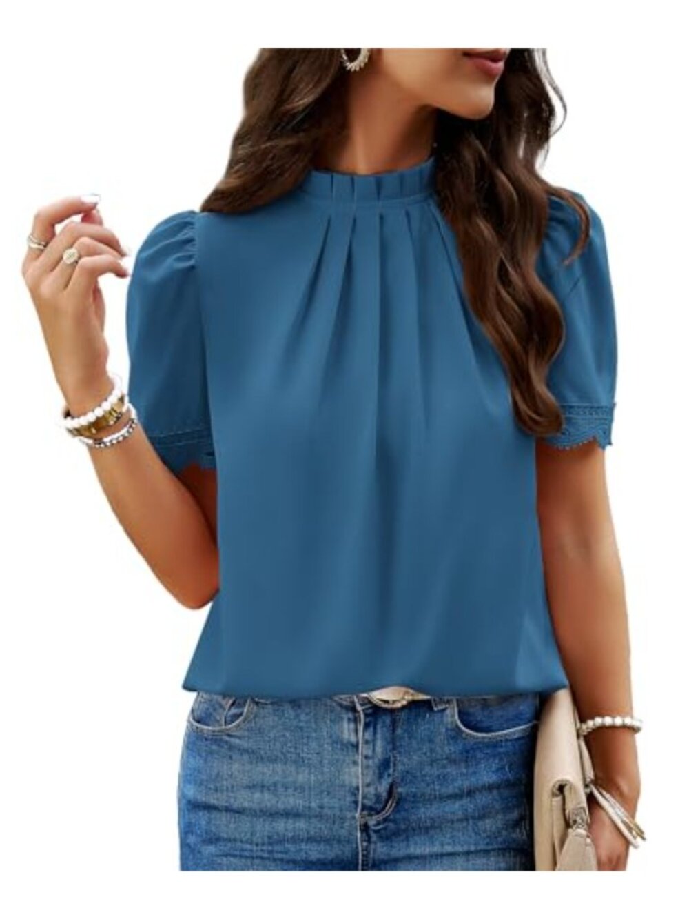 Womens Mock Neck Blouse Puff Short Sleeve Lace Trim Work Top